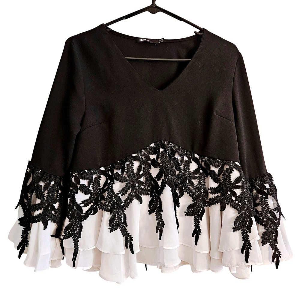 INA Black Crochet Lace White Tiered Ruffle Bell Sleeve Top S Whimsigoth Feminine